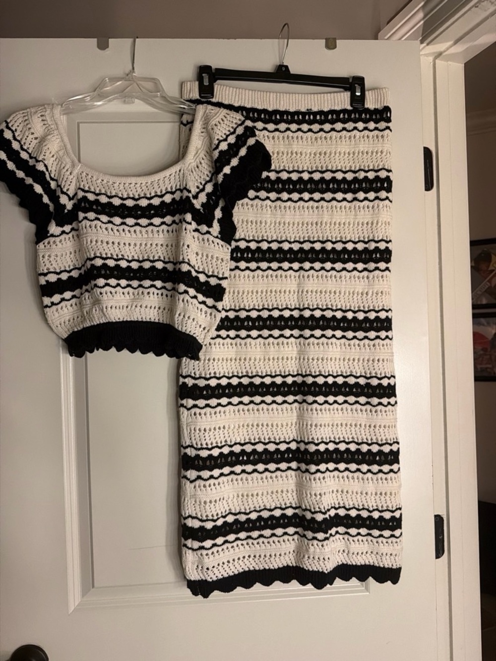 Freshman Black and White Crochet Midi Two-Piece Dress Set